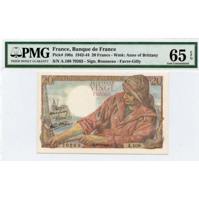 1942-44 20 Francs Banque de France Pick# FRA100a PMG Gem65 EPQ