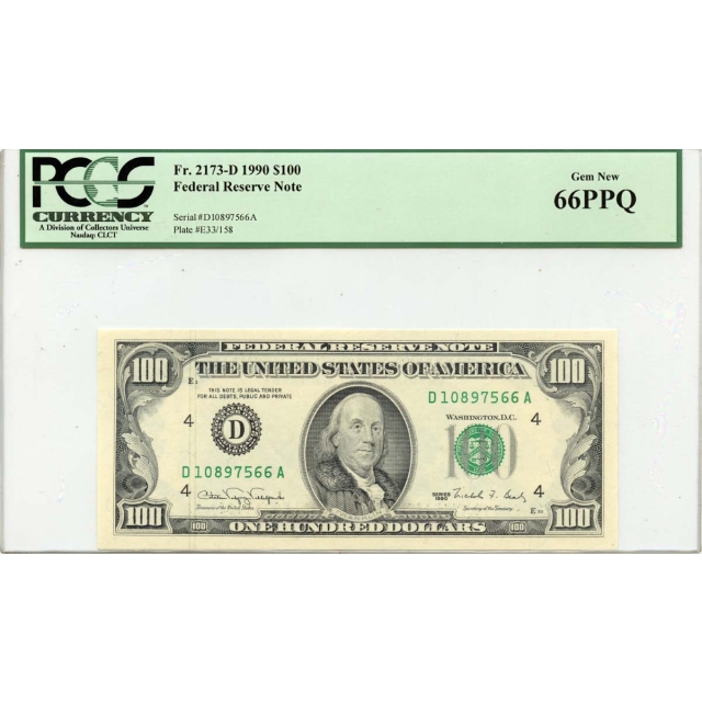 1990 $100 Federal reserve Note FR#2173-D PCGS Gem 66PPQ