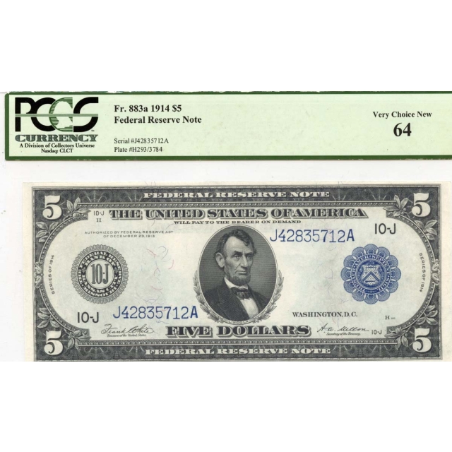 1914 $5 Federal Reserve Note FR#883a PCGS CH64 