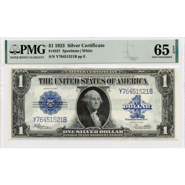 1923 $1 Silver Certificate Blue Seal Fr# 237 PMG Gem65 EPQ