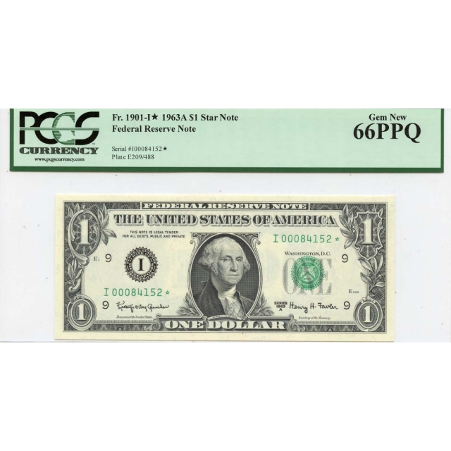 1963A $1 FRN FR# 1901-I* PCGS Gem66PPQ Star Note