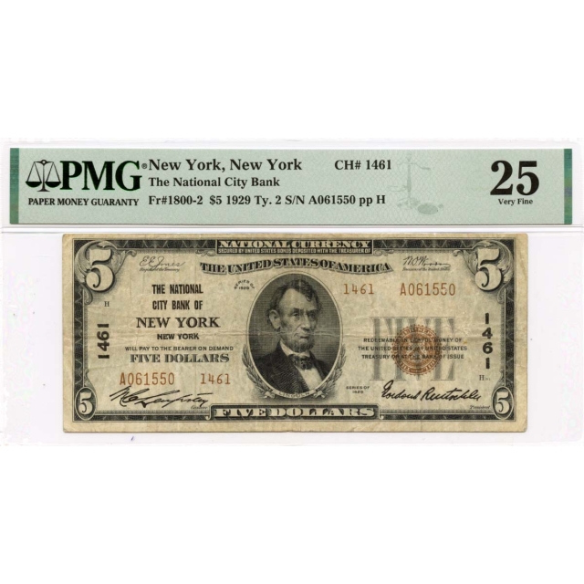 1929 Ty. 2 $5 National City Bank of New York NY CH# 1461 PMG VF25