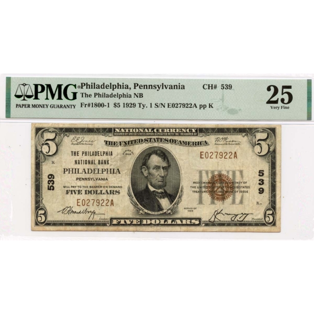 1929 Ty. 1 $5 Philadelphia National Bank PA CH#539 PMG VF25