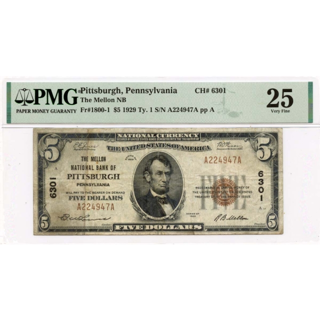 1929 Ty.1 $5 Mellon NB of Pittsburgh PA CH#6301 PMG VF25 