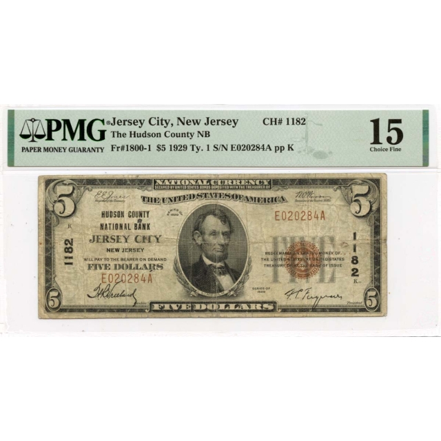 1929 Ty. 1 $5 Hudson Co NB Jersey City NJ CH#1182 PMG CH15