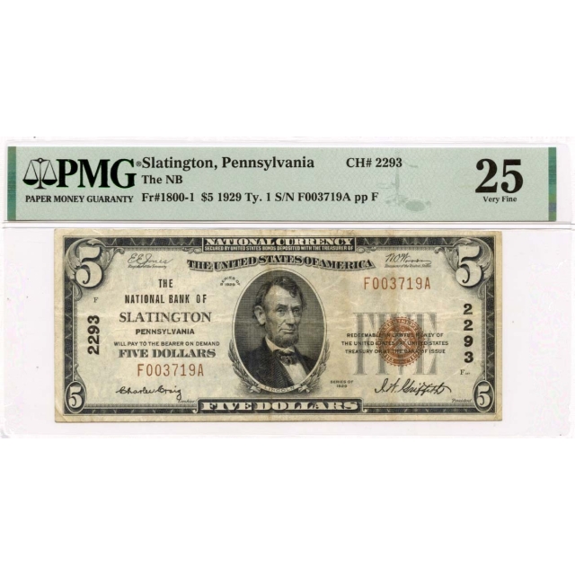 1929 Ty.1 $5 NB of Slatington PA CH#2293 PMG VF25