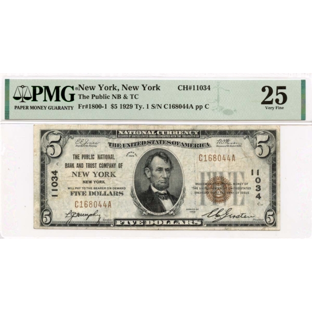 1929 Ty.1 $5 Public NB & TC of New York NY CH#11034 PMG VF25