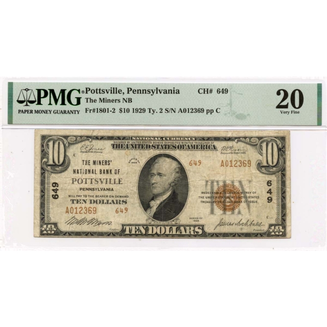 1929 Ty. 2 $10 Miners NB of Pottsville PA CH#649 PMG VF20