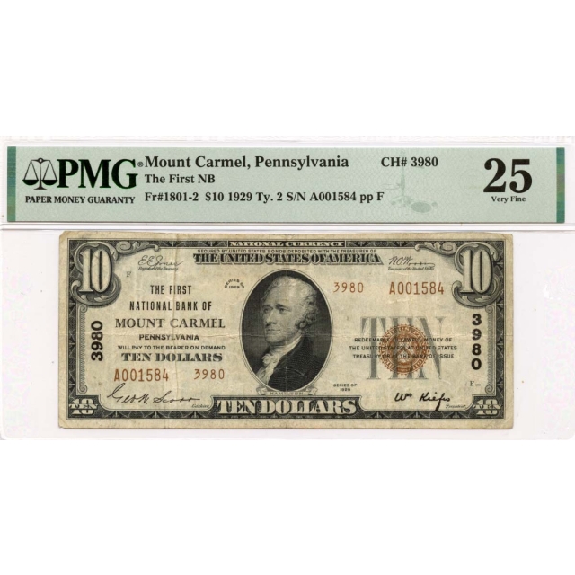 1929 Ty. 2 $10 First NB of Mount Carmel PA CH#3980 PMG VF25