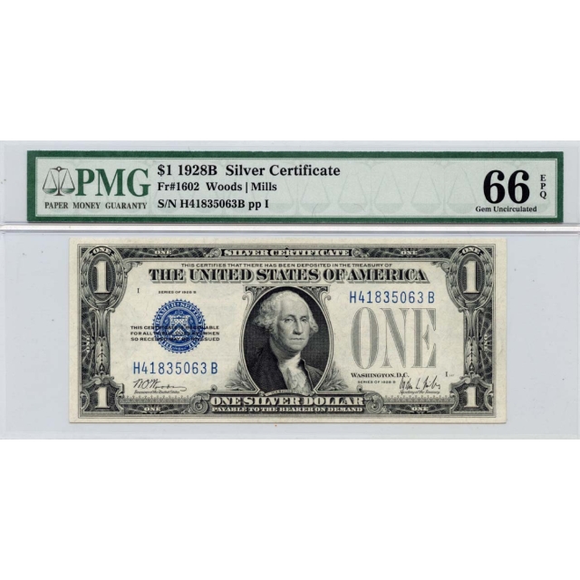 1928B $1 Silver Certificate Blue Seal  Fr# 1602 PMG Gem66 EPQ