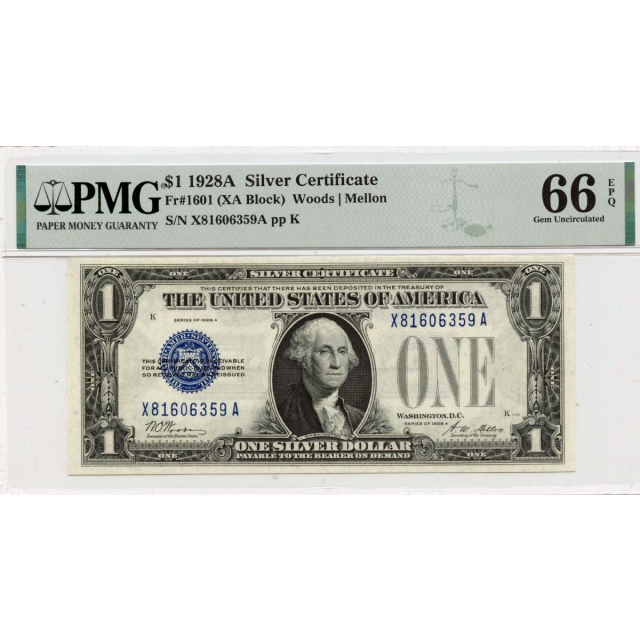 1928A $1 Silver Certificate Blue SealFr# 1601 PMG Gem66 EPQ