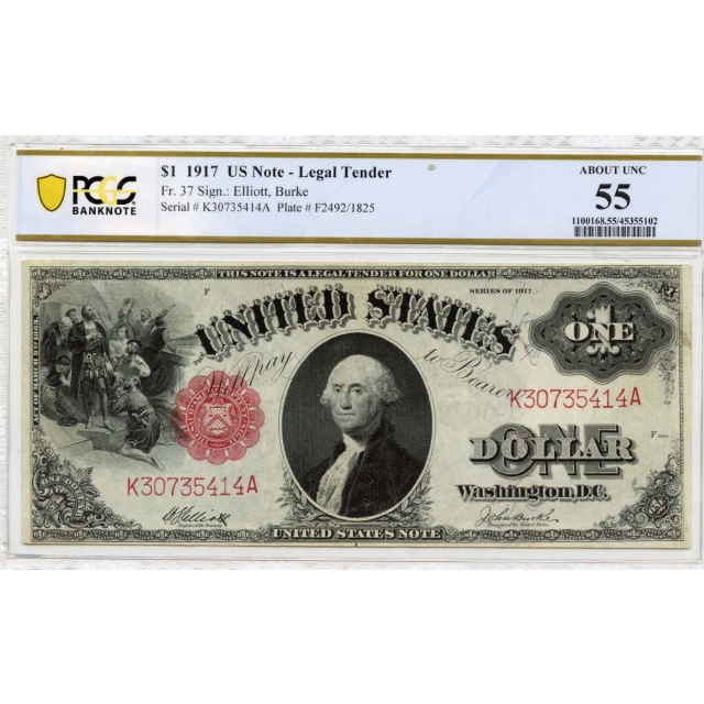 1917 $1 Legal Tender Note FR#37 PCGS Banknote AU55