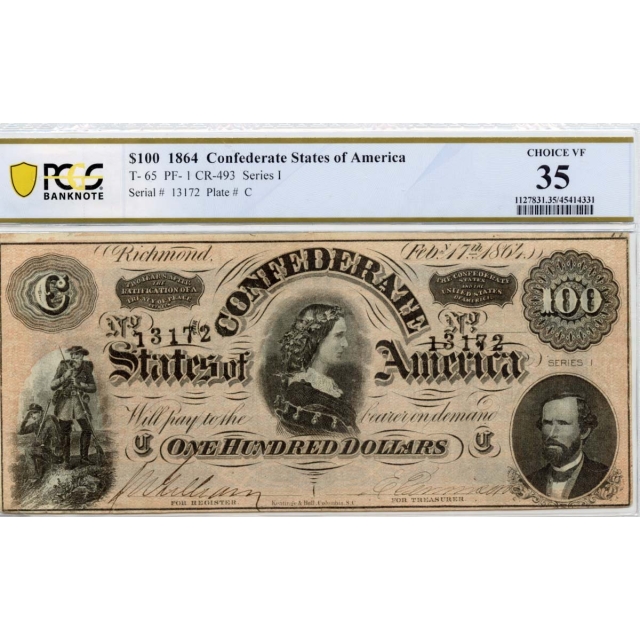 1864 $100 Confederate Note T-65 Series 1 PCGS Banknote CH VF35