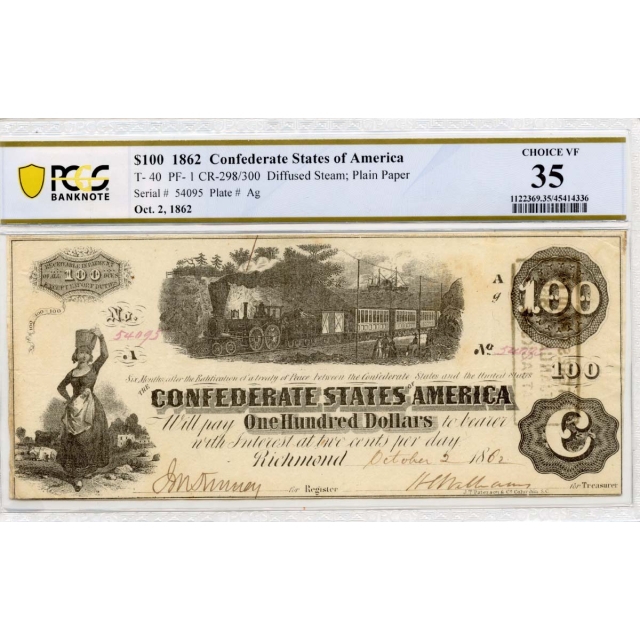 1862 $100 Confederate Note T-40 PCGS Banknote CH VF35