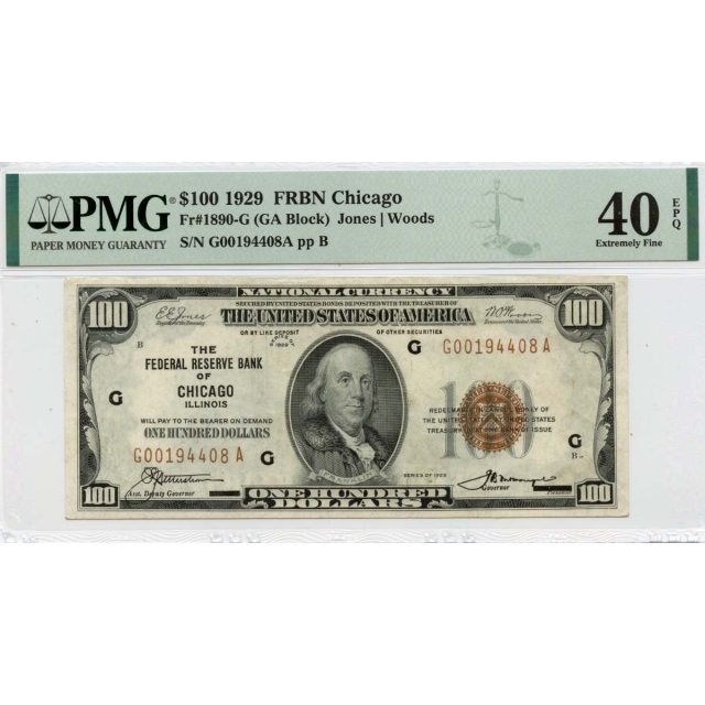 1929 $100 FRBN of Chicago IL FR#1890-G PMG EF40 EPQ