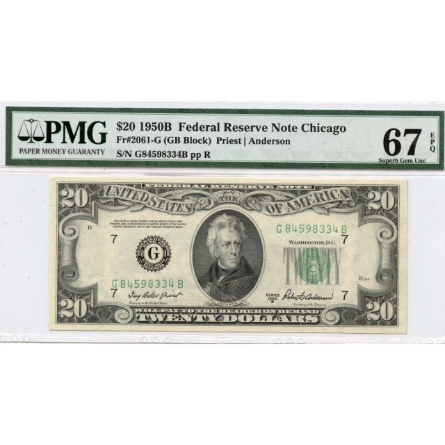 1950B $20 Federal Reserve Note Chicago IL Fr# 2061-G PMG Superb Gem67 EPQ