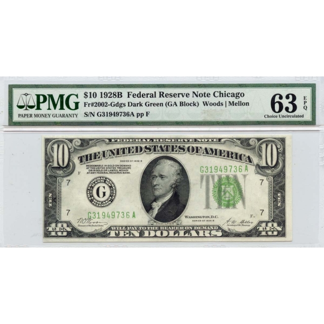 1928B $10 Federal Reserve Note Chicago IL Fr# 2002-Gdgs PMG CH63 EPQ
