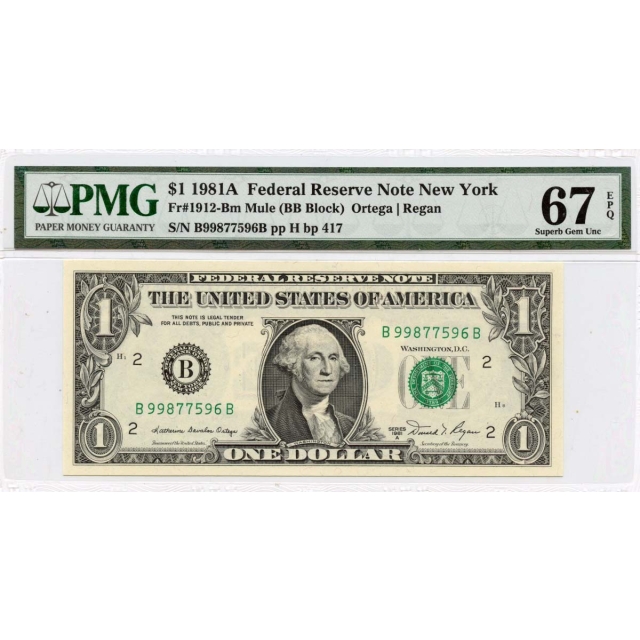 1981A $1 Federal Reserve Note New York NY Fr# 1912-Bm PMG Gem67 EPQ