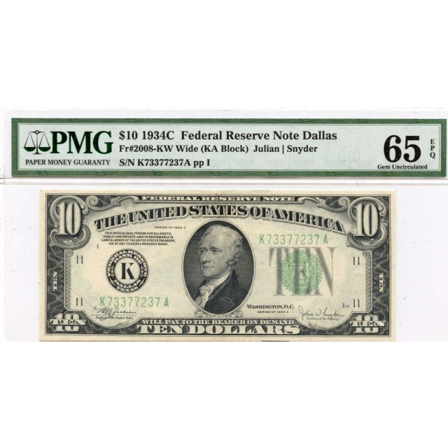 1934C $10 Federal Reserve Note Dallas TX Fr# 2008-KW PMG Gem65 EPQ