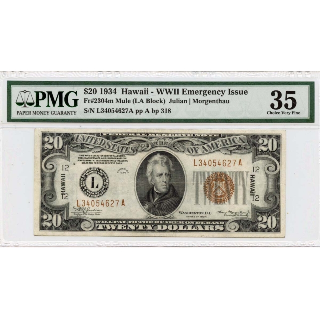 1934 $20 Hawaii - WWII Emergency Issue Mule Fr# 2304m PMG CH35