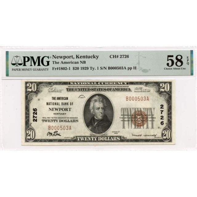 1929 Ty.1 $20 American NB of Newport Kentucky Fr# 1802-1 PMG CH58 EPQ