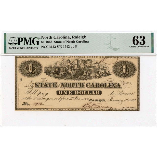 1863 $1 State North Carolina Raleigh Haxby# OBSNCCR132 PMG CU63