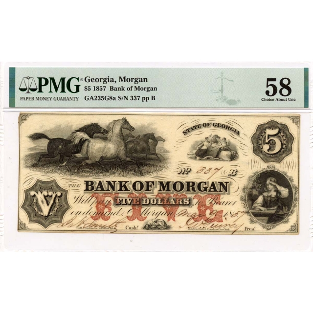 1857 $5 Georgia Bank Morgan Horses Obsolete Currency Haxby# GA235G8a PMG AU58