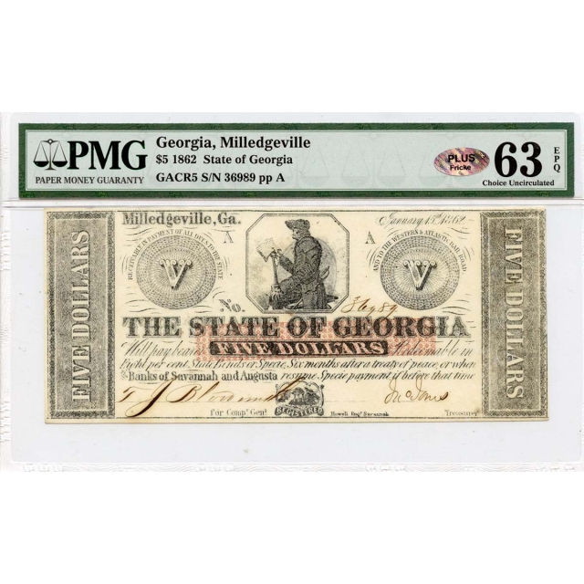1862 $5 Georgia Milledgeville Obsolete GACR5 PMG CU 63 EPQ