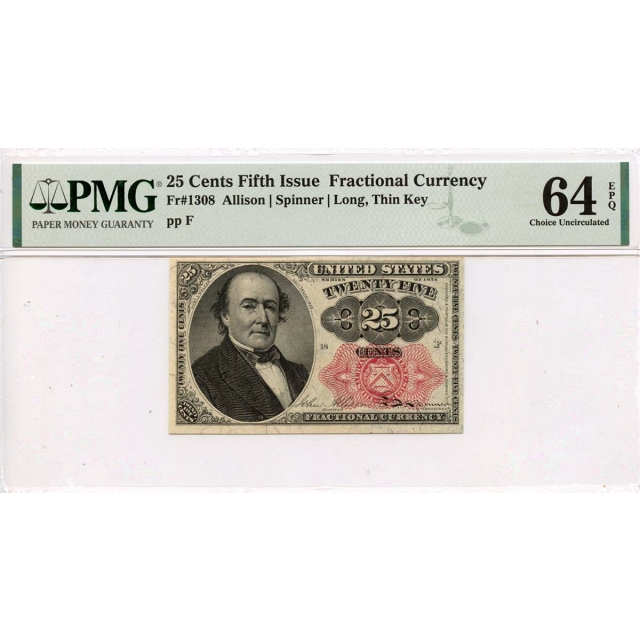 Fifth Issue 25 Cents Fractional Red - Long Thin Key Fr#1308 PMG CU 64 EPQ