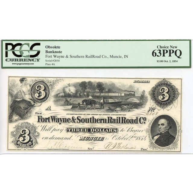 1854 $3 Fort Wayne Railroad Obsolete Banknote PCGS Choice New 63 PPQ 