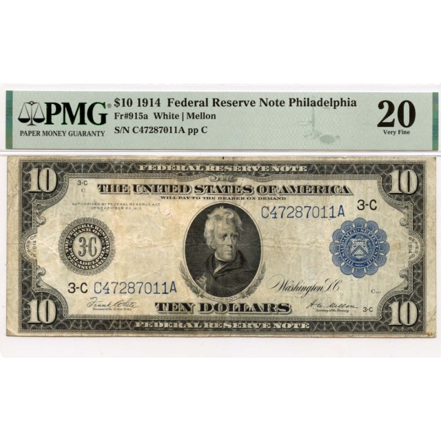 1914 $10 Federal Reserve Note Philadelphia PA  Fr# 915a PMG VF20