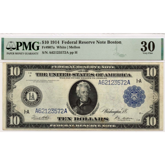 1914 $10 Federal Reserve Note Boston MA Fr# 907a PMG VF30