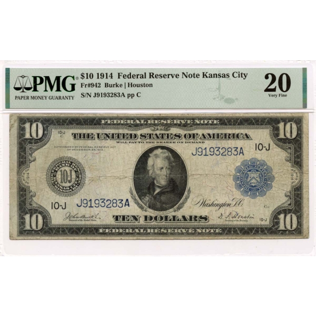 1914 $10 Federal Reserve Note Kansas City KS Fr# 942 PMG VF20