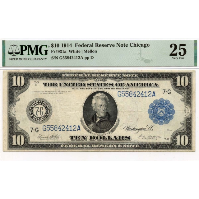 1914 $10 Federal Reserve Note Chicago IL Fr# 931a PMG VF25