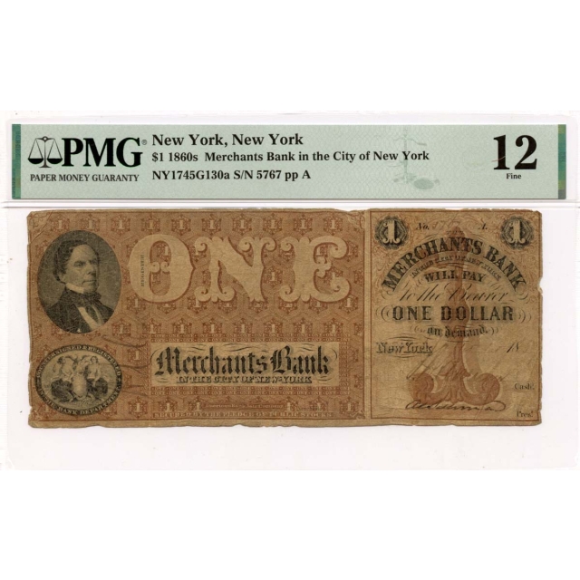 1860s $1 Merchants Bank New York City NY PMG F12