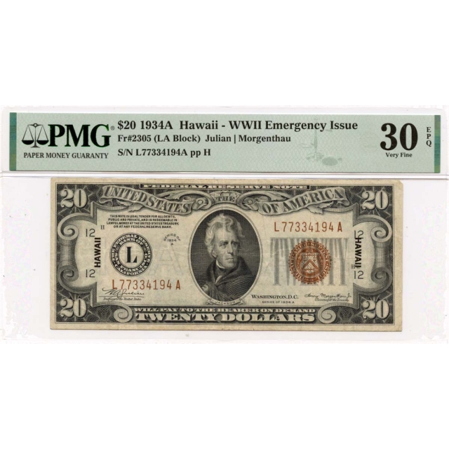 1934A $20 Hawaii - WWII Emergency Issue  Fr# 2305 PMG VF30 EPQ