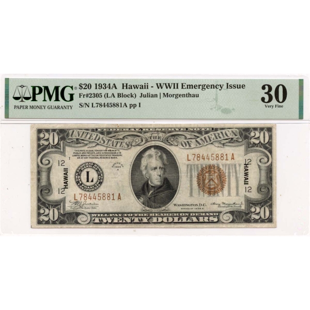 1934A $20 Hawaii - WWII Emergency Issue  Fr# 2305 PMG VF30 