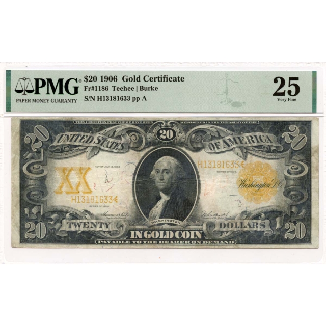 1906 $20 Gold Certificate  Fr# 1186 PMG VF25