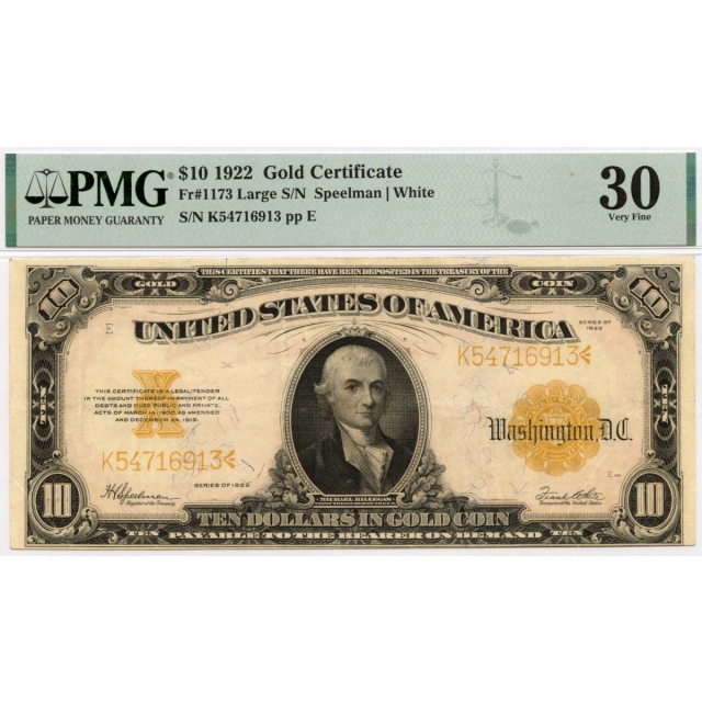 1922 $10 Gold Certificate  Fr# 1173  PMG VF30