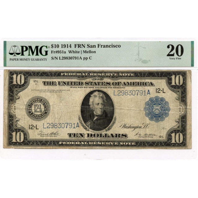 1914 $10 Federal Reserve Note San Francisco CA Fr# 951a PMG VF20