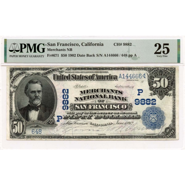 1902 $50 Merchants NB San Francisco CA CH#9882 PMG VF25
