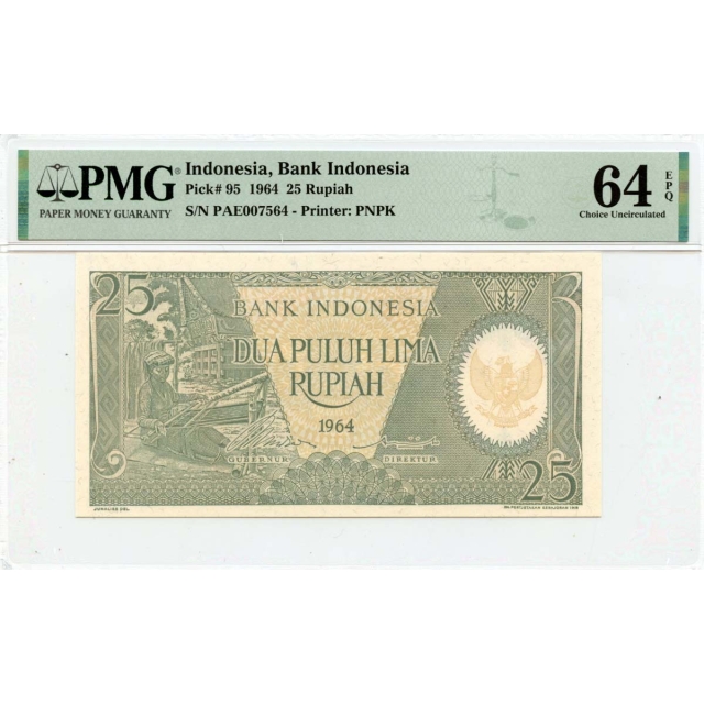1964 25 Rupiah Indonesia Bank Indonesia Pick# INO95 PMG CH64 EPQ