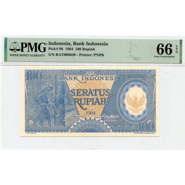 1964 100 Rupiah Indonesia Bank Indonesia Pick# INO98 PMG Gem66 EPQ