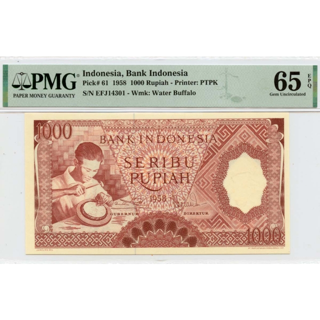 1958 1000 Rupiah Indonesia Bank Indonesia Pick# INO61 PMG Gem65 EPQ