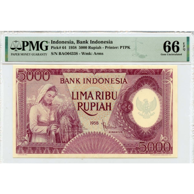 1958 5000 Rupiah Indonesia Bank Indonesia Pick# INO64 PMG Gem66 EPQ