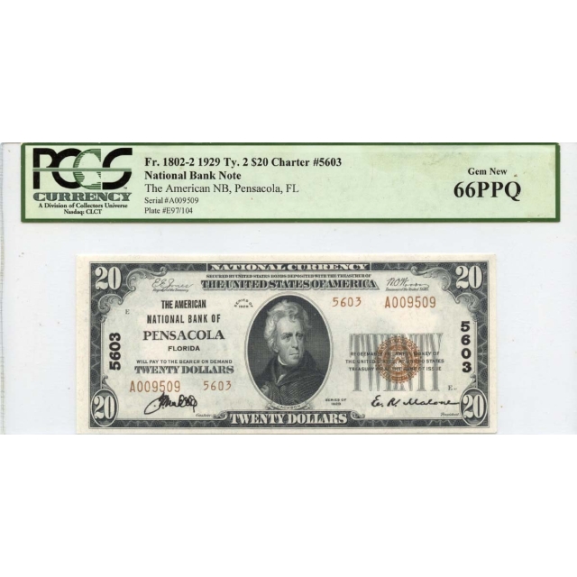 1929 TY 2 $20 The NBN Pensacola FL CH#5603 PCGS Gem 66 PPQ