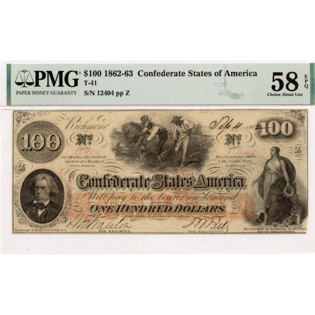 1862-63 $100 Confederate States of America T-41 PMG AU58 EPQ