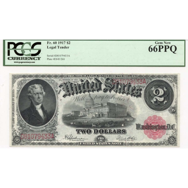 1917 $2 Legal Tender FR# 60 PCGS Gem New 66PPQ