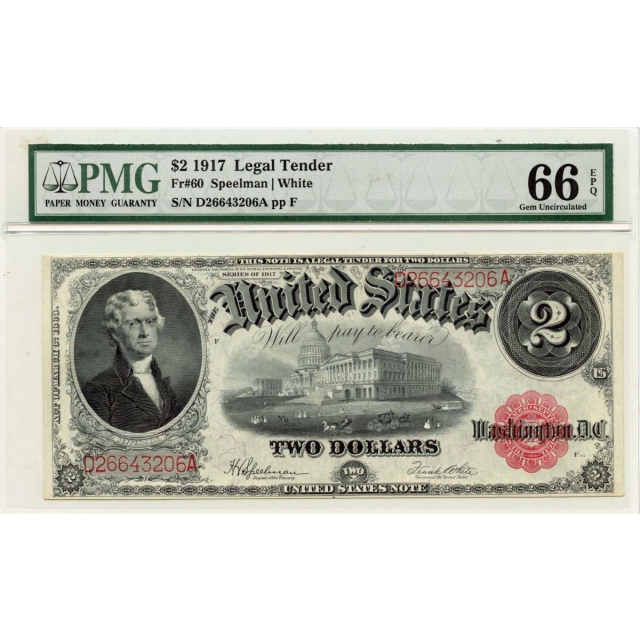 1917 $2 Legal Tender Small Red Scalloped Fr# 60 PMG Gem66 EPQ