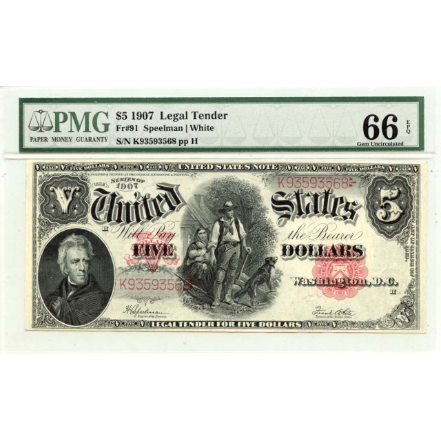1907 $5 Legal Tender Small Red Scalloped Fr# 91 PMG Gem66 EPQ